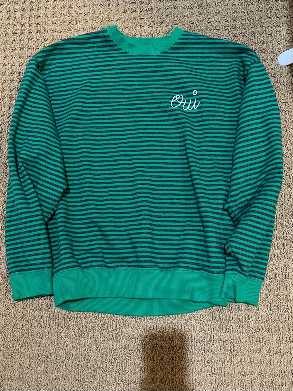 Oui Embroidered Green and Charcoal Striped Oversized Sweatshirt - S